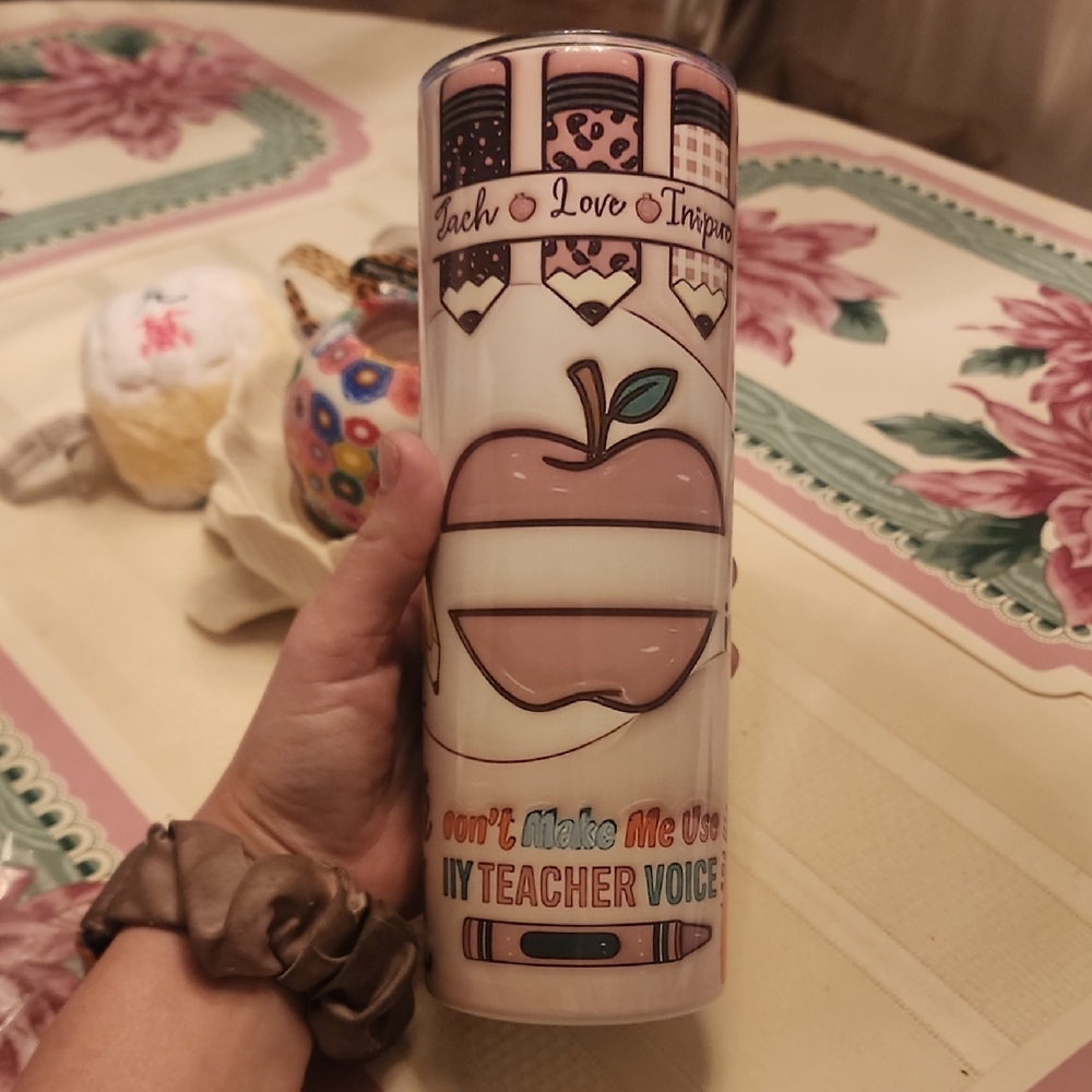 20o Pink and White Teacher Tumbler With Lid And Straw Use All Season